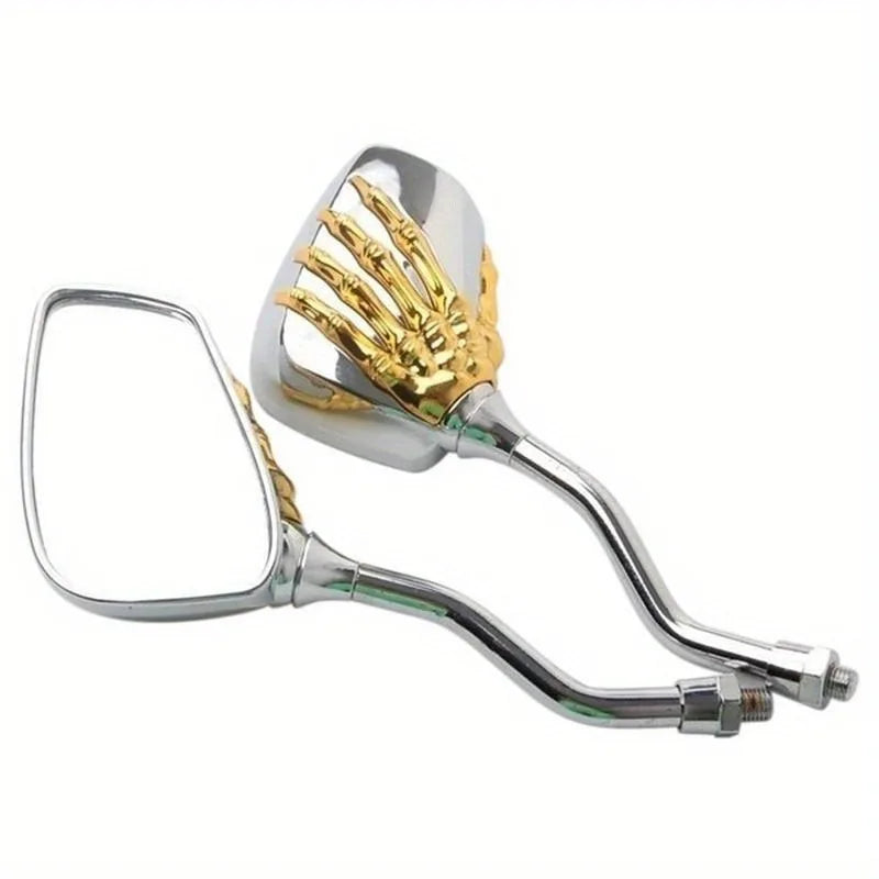 A universal motorcycle rear view mirror set with a chrome frame and gold-colored hand grips.