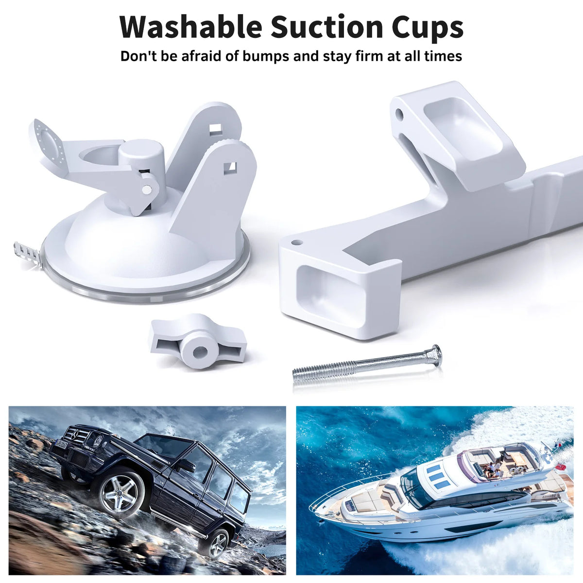 White washable suction cups and mount for securing devices like Starlink Mini onto surfaces