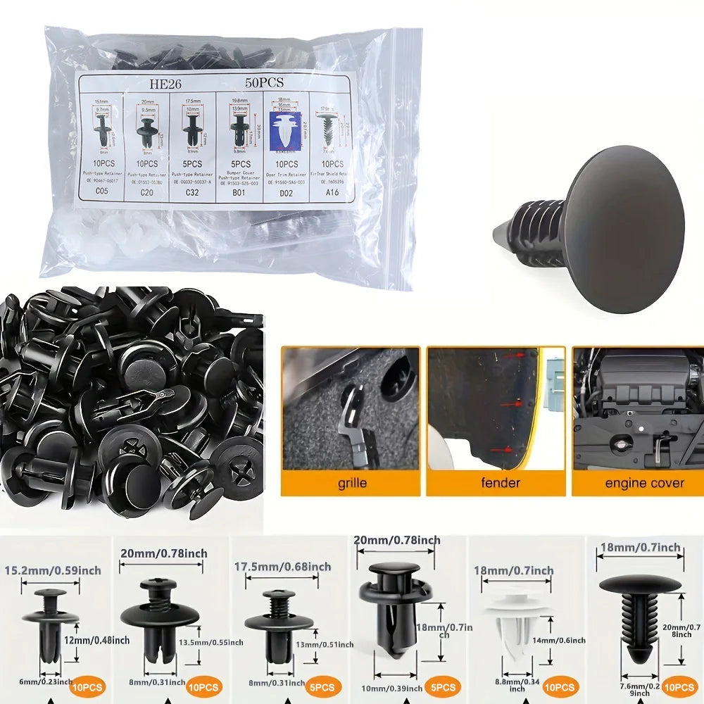 A set of universal automotive fastener clips and trim hardware including various sizes for body work.