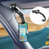 A clamp-style phone holder is mounted on a car's interior panel, with an inset showing the product's design.