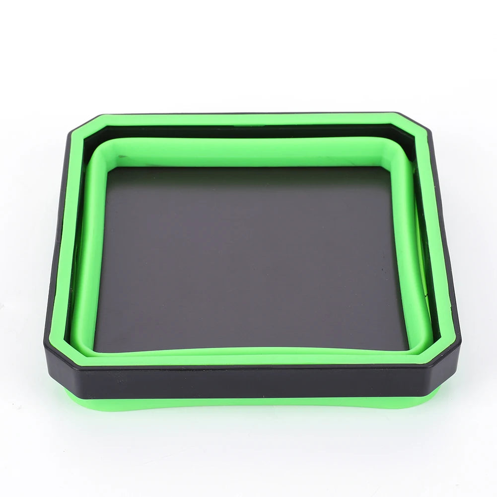 A bright lime green collapsible magnetic parts tray organizer with a dark gray insert.