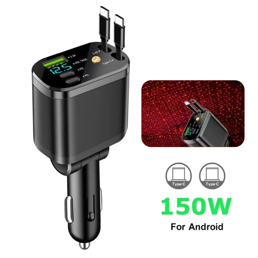 Black 5-in-1 fast car charger with a retractable cable and Type-C output for Android devices