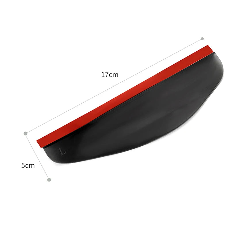 A black universal car rearview mirror rain and dust visor with a red trim, shown in profile.