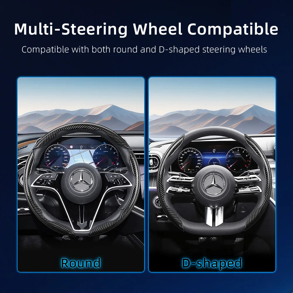 Two steering wheel covers, one round and one D-shaped, made of carbon fiber texture.