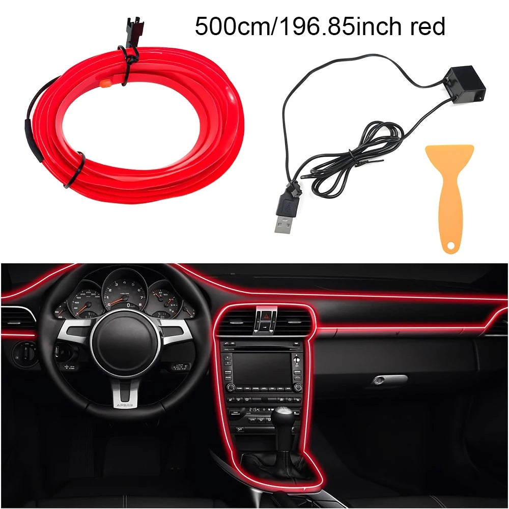Red flexible USB EL wire ambient light strip installed in a car interior dashboard
