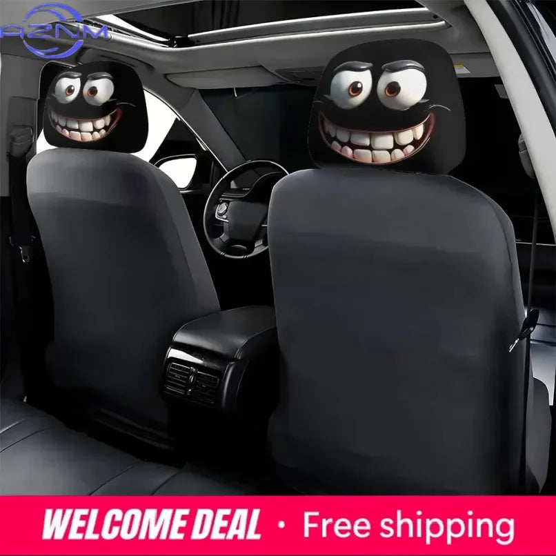 Un juego de dos fundas para la cabeza del asiento de coche con caras de dibujos animados sonrientes exageradas, instaladas en