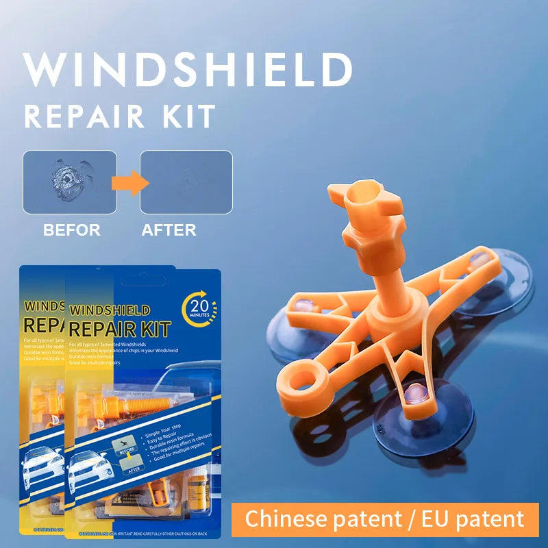 A repair kit for car windshields showing before and after results, including tools and adhesive.