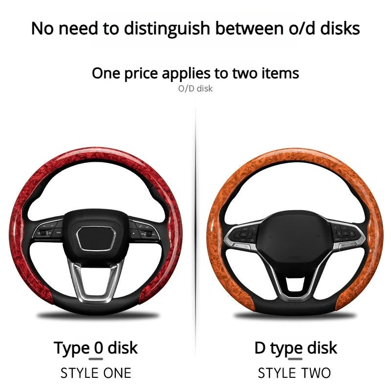 Two steering wheel covers, Type 0 and D type, featuring peach wood grain and black accents.