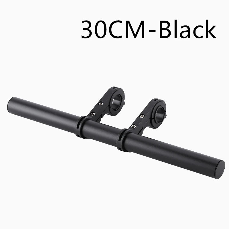 Schwarze 30cm verstellbare Fahrradlenkererweiterung mit zwei Befestigungsarmen.