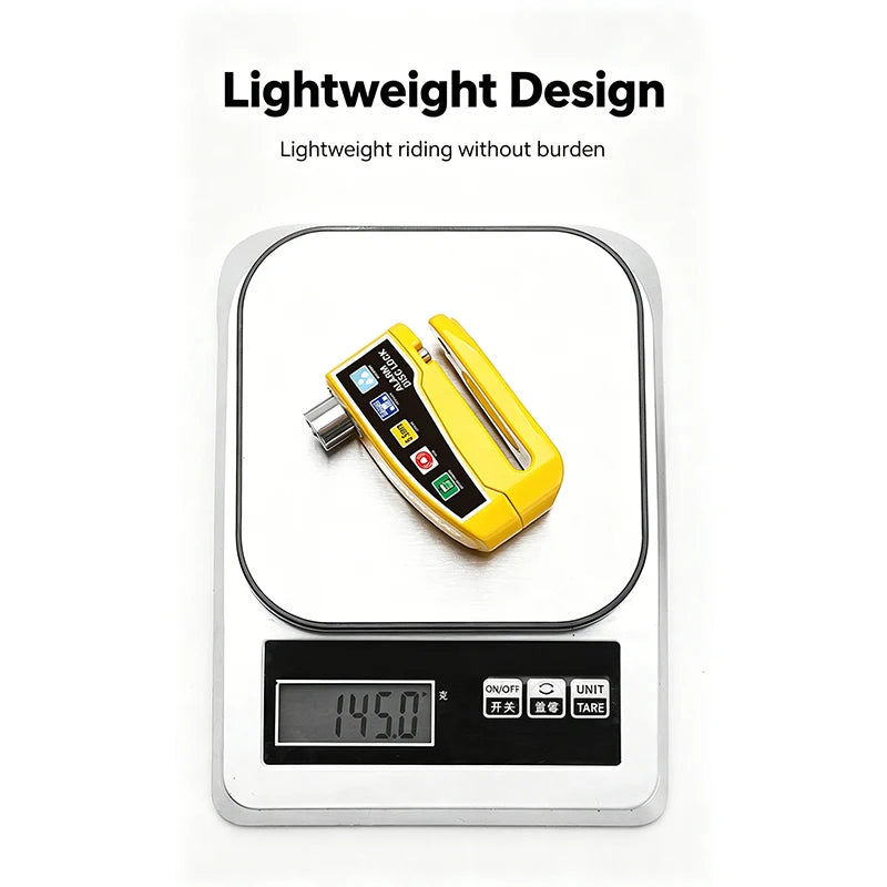 A yellow lightweight disc brake lock device with a digital display is shown on a white background.