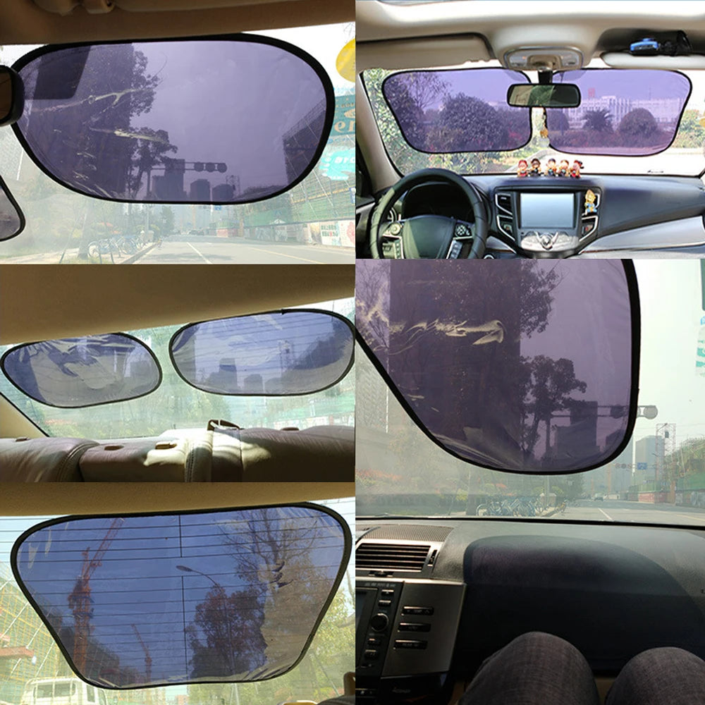 Multiple views of dual car sun shades installed on a vehicle window, showing various angles and protective features.