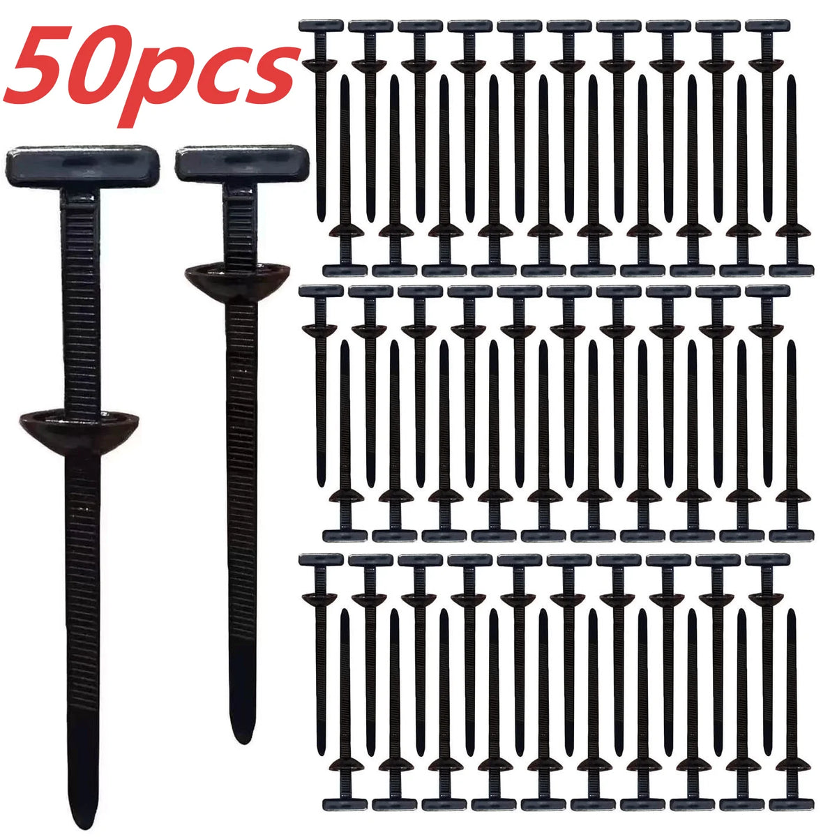 A set of 50 black durable self-locking nylon cable ties.