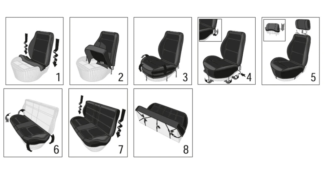 Diagram showing the assembly steps for a universal fabric car seat covers set, including folding and fitting instructions.