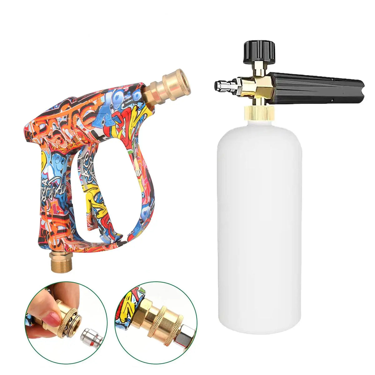 A high-pressure water gun with a colorful handle and a clear bottle is shown alongside various nozzles.