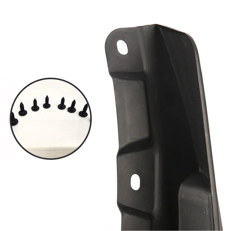 A black universal mud flaps set for car wheel protection showing the mounting bracket and rubber flaps.