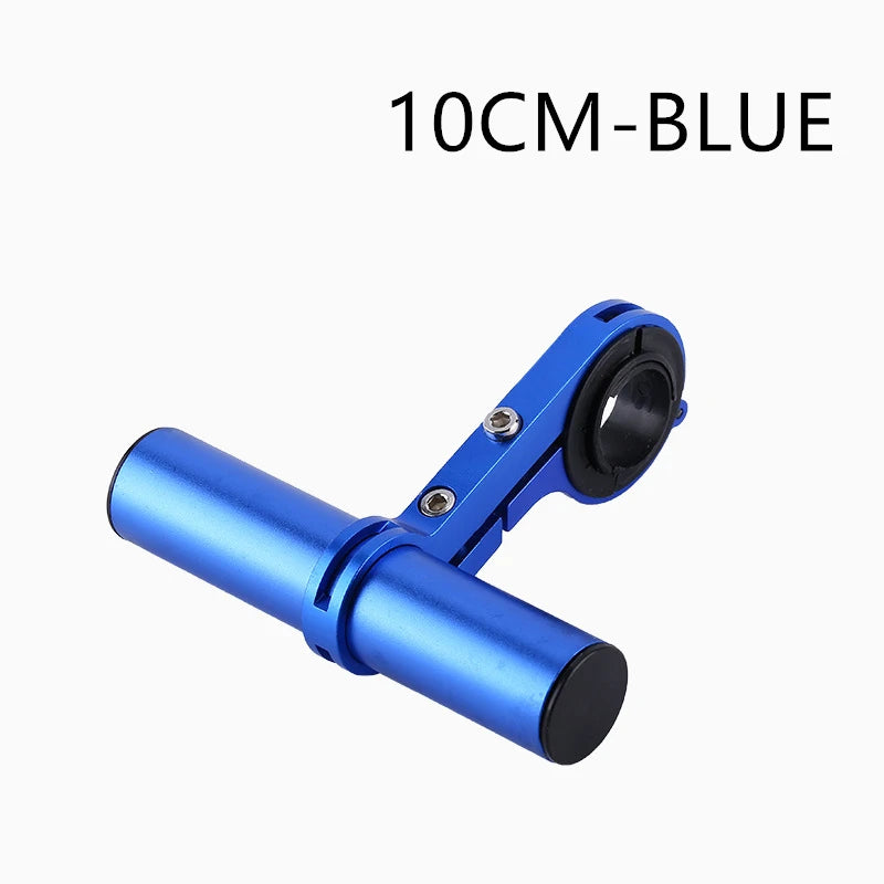 Blauer verstellbarer Fahrradlenker-Adapter mit schwarzer Klemme und silberner Hardware.