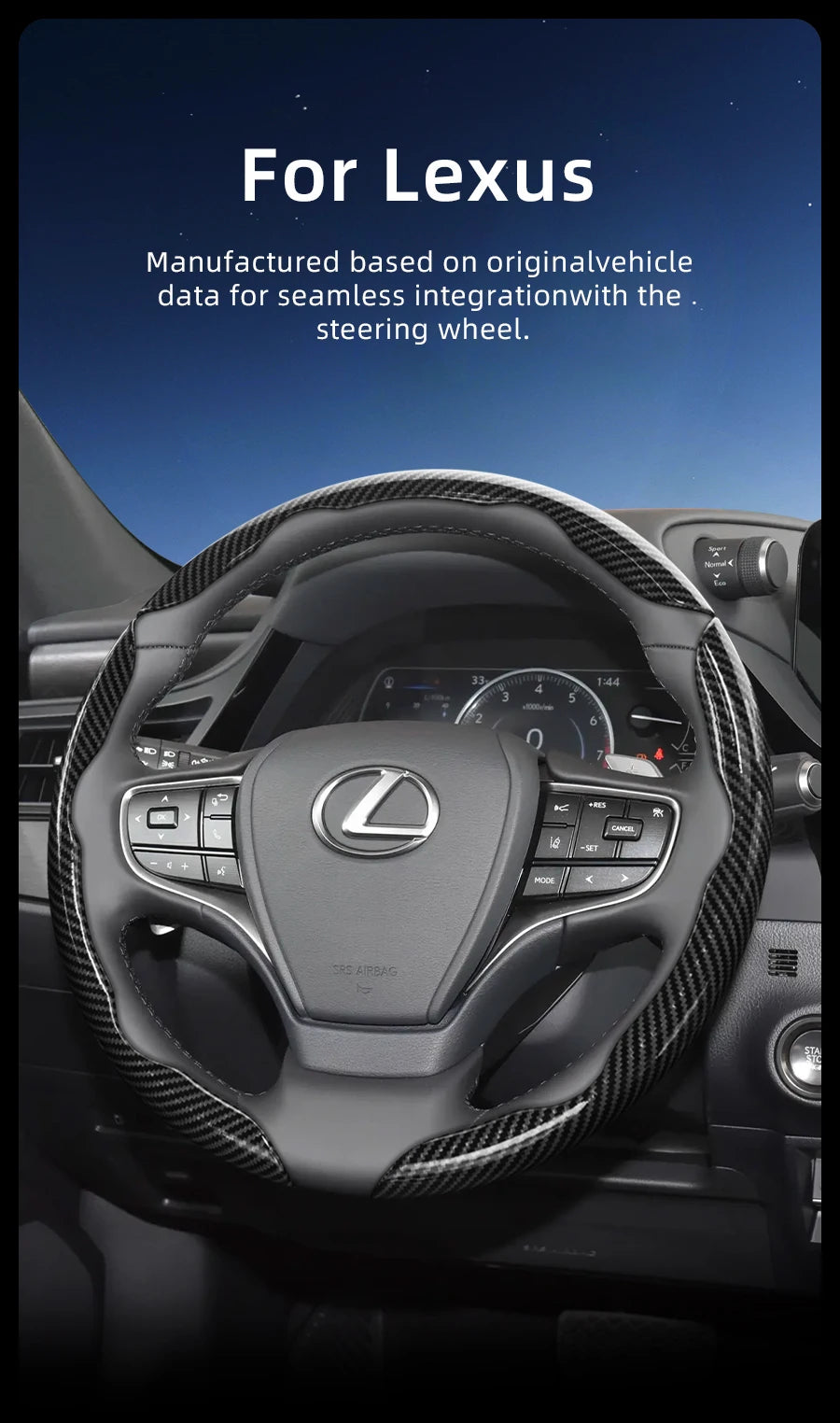 Close-up of a Lexus steering wheel with carbon fiber covers installed.