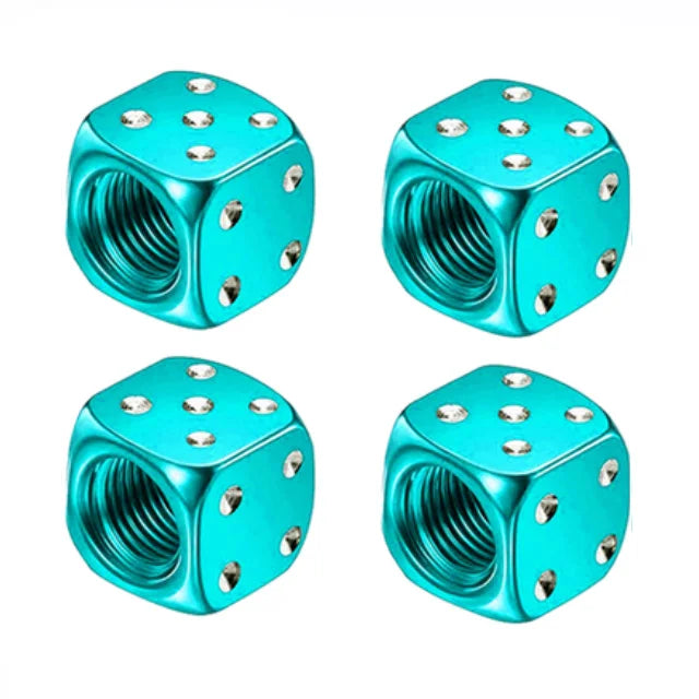 A set of four bright turquoise hex aluminum alloy tire valve caps shown from various angles.