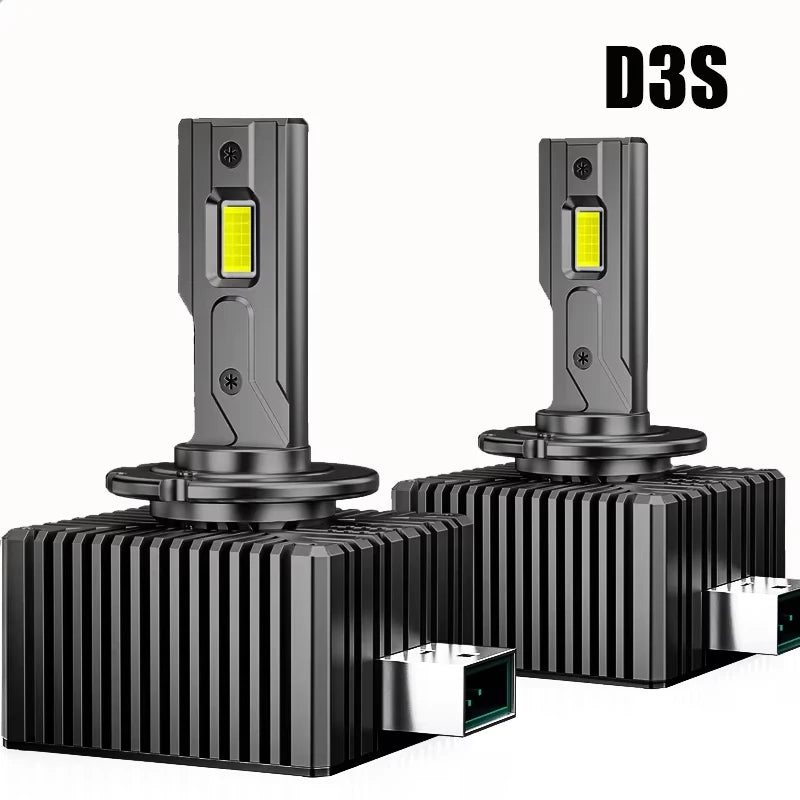 Two D3S automotive LED upgrade bulbs with silver bases and yellow light sources.