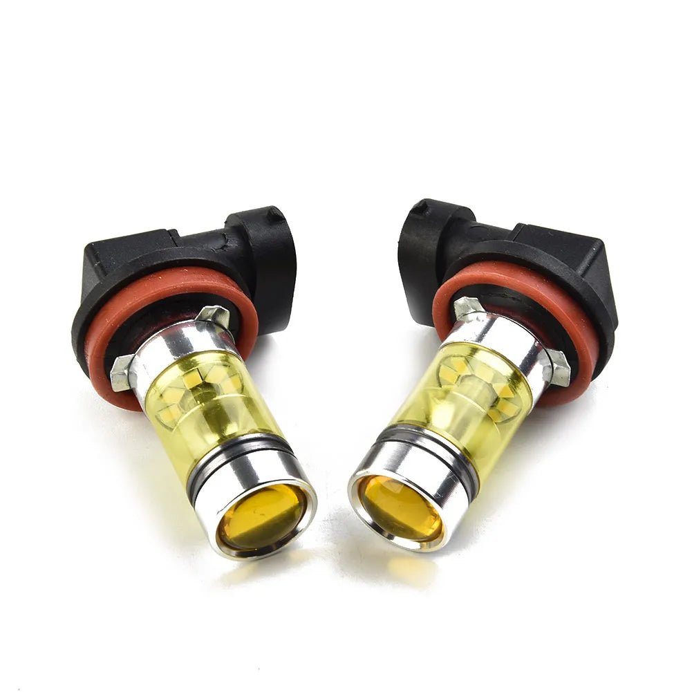 Pair of high-performance H11/H8 yellow LED fog light bulbs with black and copper fittings