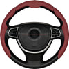 A black steering wheel with a red leather cover and controls.