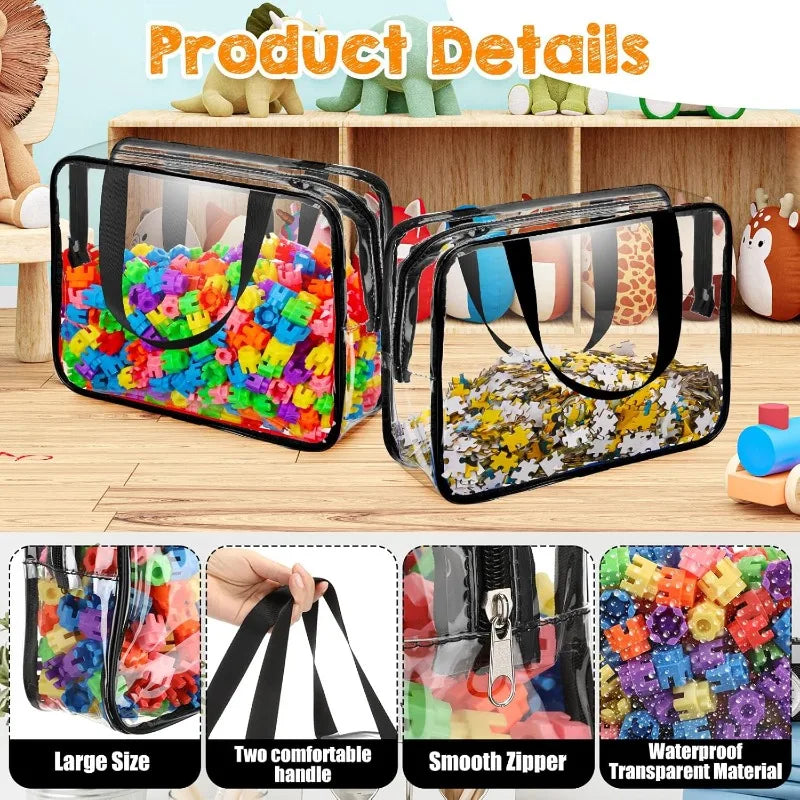 Clear PVC storage pouch with a handle and smooth zipper for storing toys and cosmetics
