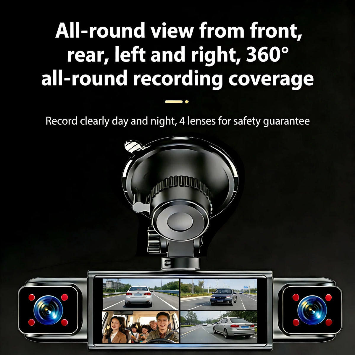 Appareil dashcam noir montrant une vue grand angle d'une route et d'une voiture, avec plusieurs objectifs visibles.