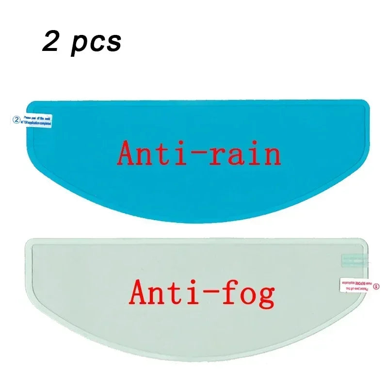 Two pieces of anti-rain and anti-fog film for motorcycle helmet visors.