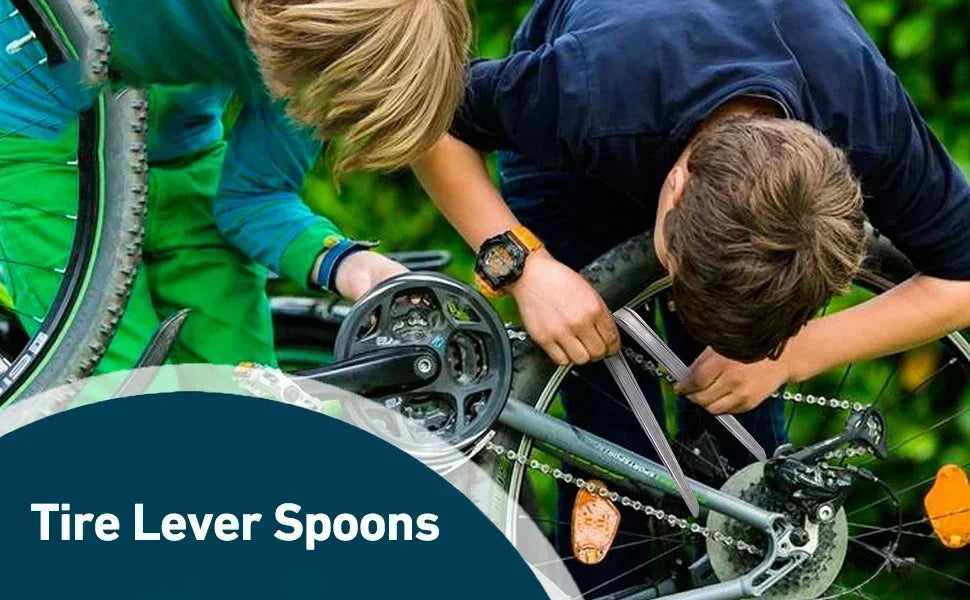 A child is using a tire lever spoon tool on a bicycle wheel.