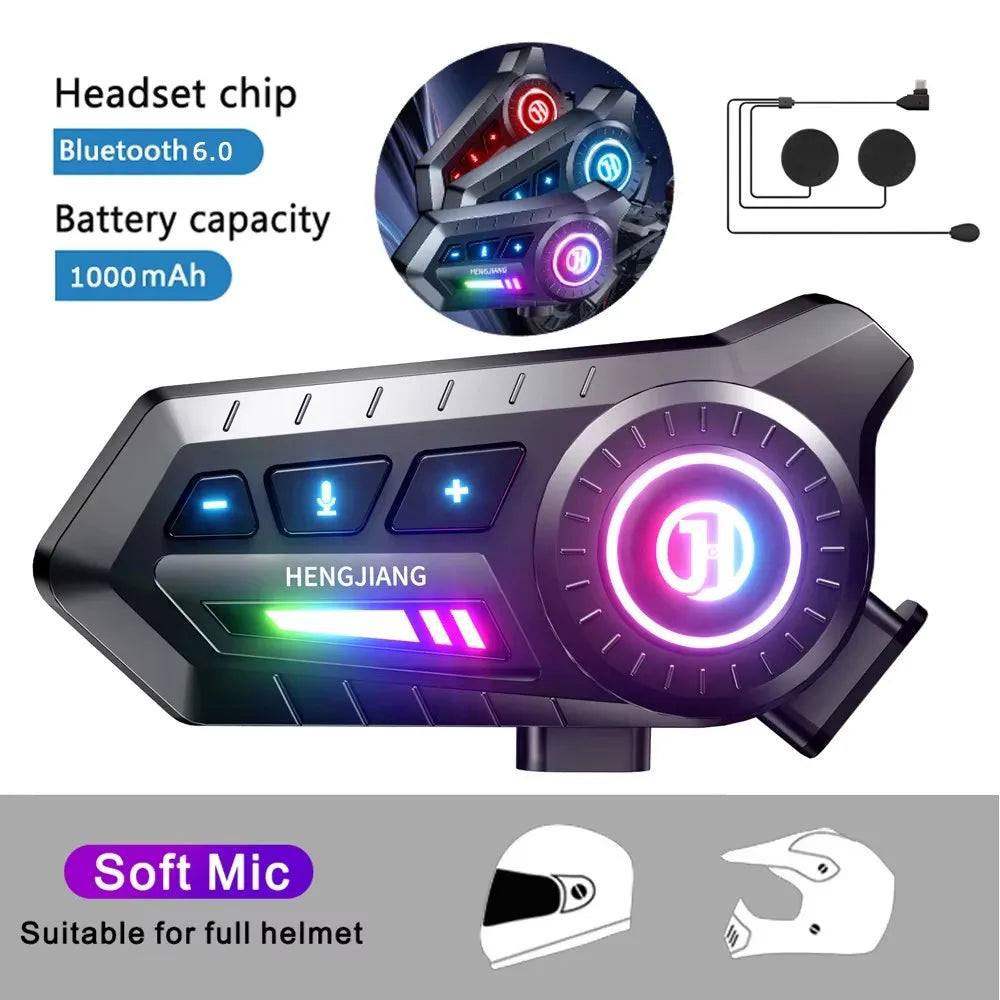 A black headset chip and a portable speaker with a glowing purple light, shown next to a helmet.