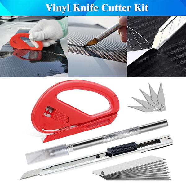A red vinyl knife cutter kit showing various tools including a cutter, blade, and scraping tools for window tinting.