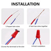 Installation steps showing how to prepare bare wires, twist two wires together, screw terminals to the wire, and finish insta