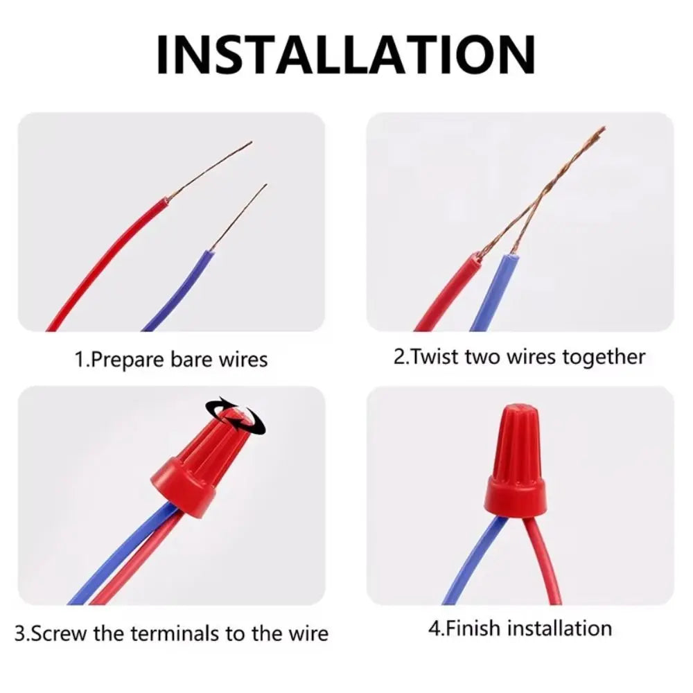 Installation steps showing how to prepare bare wires, twist two wires together, screw terminals to the wire, and finish insta