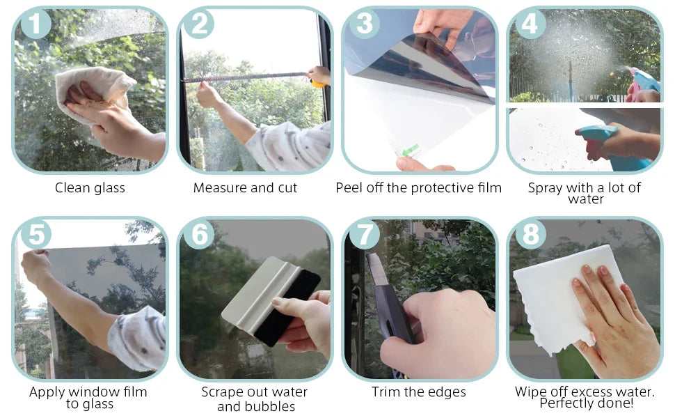 Eight steps showing how to apply a silver reflective privacy window film to glass.