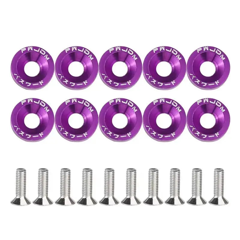 A set of purple universal automotive color washers and fasteners, shown in various sizes.