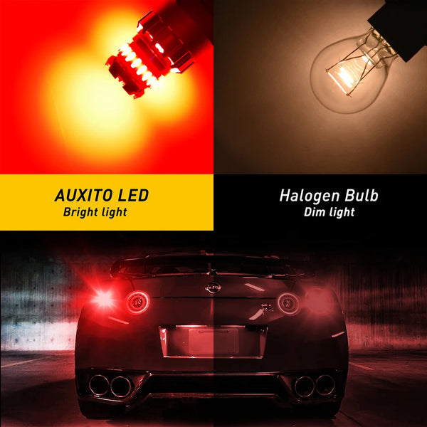 A comparison showing an Auxito LED bright light and a Halogen bulb dim light, with a car's front lights illuminated.