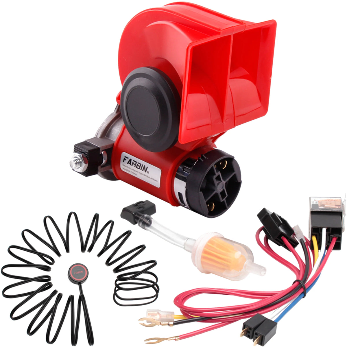 A red car horn assembly with a black knob and wires, including a horn and electrical connectors.