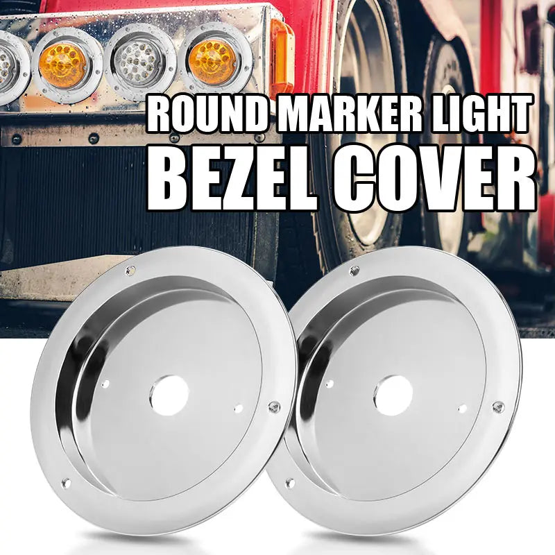 A pair of round marker light bezel covers for vehicle headlights.