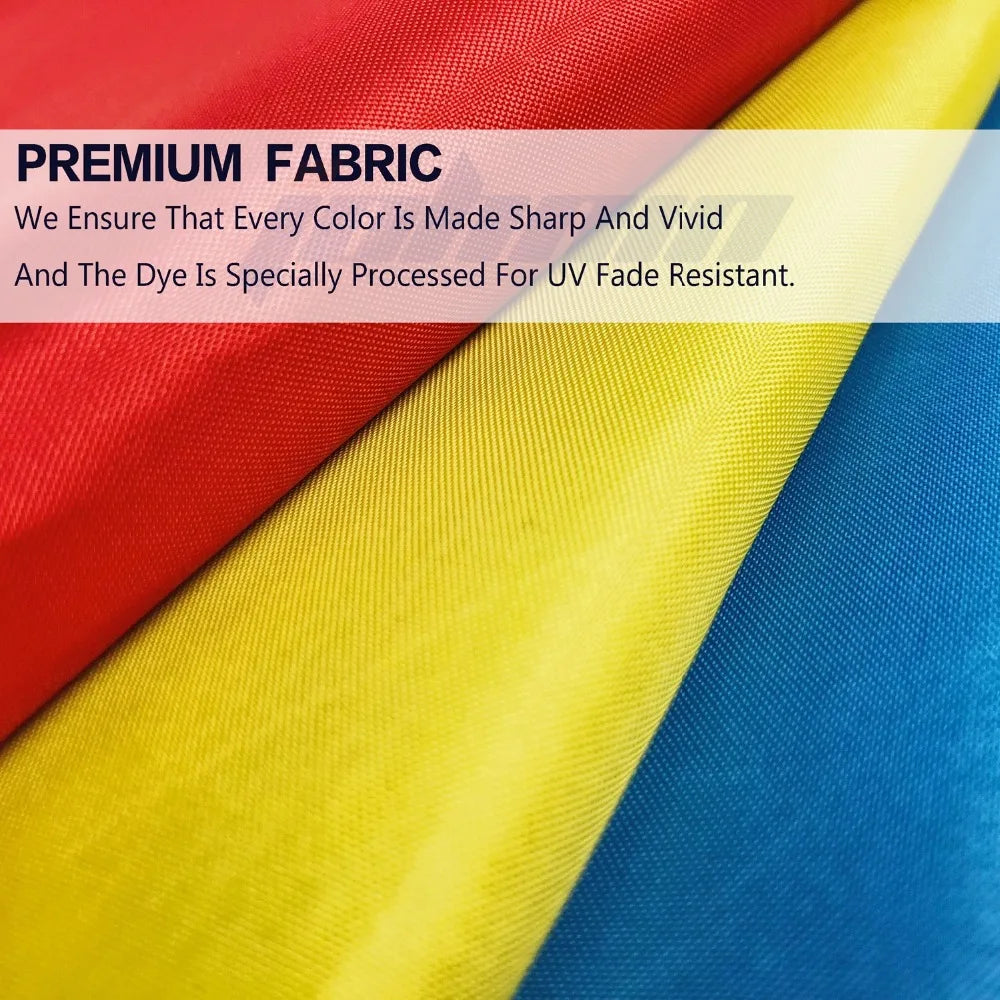 Close-up of fabric in red, yellow, and blue colors showing a premium fabric texture.