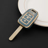 A close-up of a teal TPU car key fob cover with three buttons resting on a white plate.