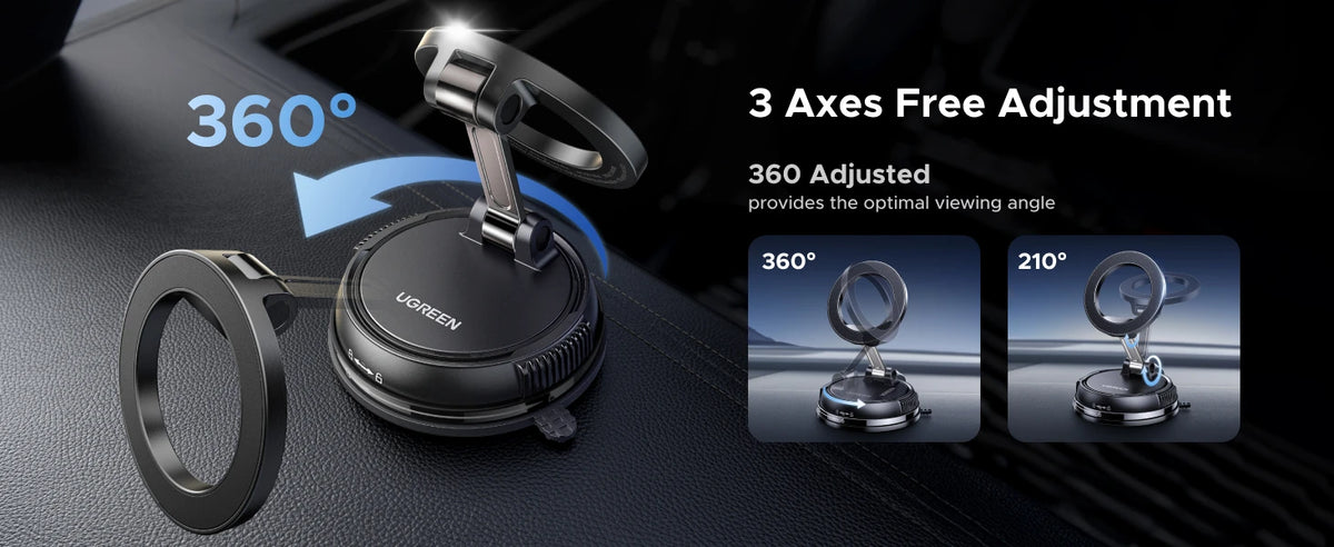 A 360 degree magnetic car phone mount demonstrating free adjustment angles of 360 and 210 degrees.