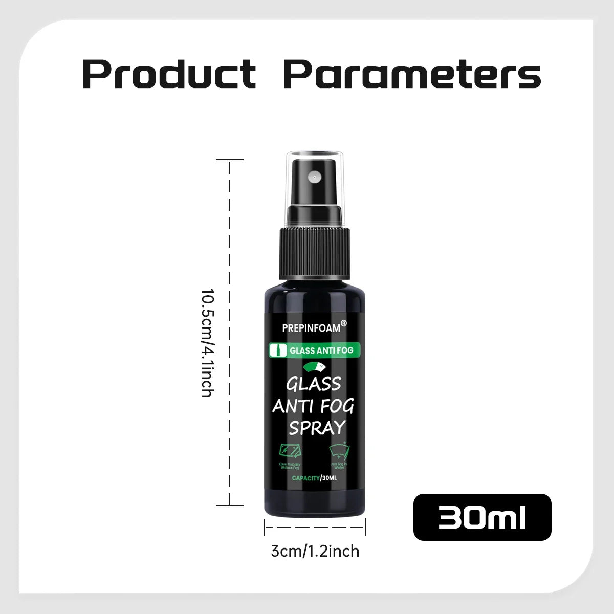 A dark glass bottle of GLASS ANTI FOG SPRAY with a black cap and a white label is shown against a white background.