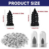 A collection of various sized, clear plastic tire repair plugs and a black conical tool for fixing punctures.