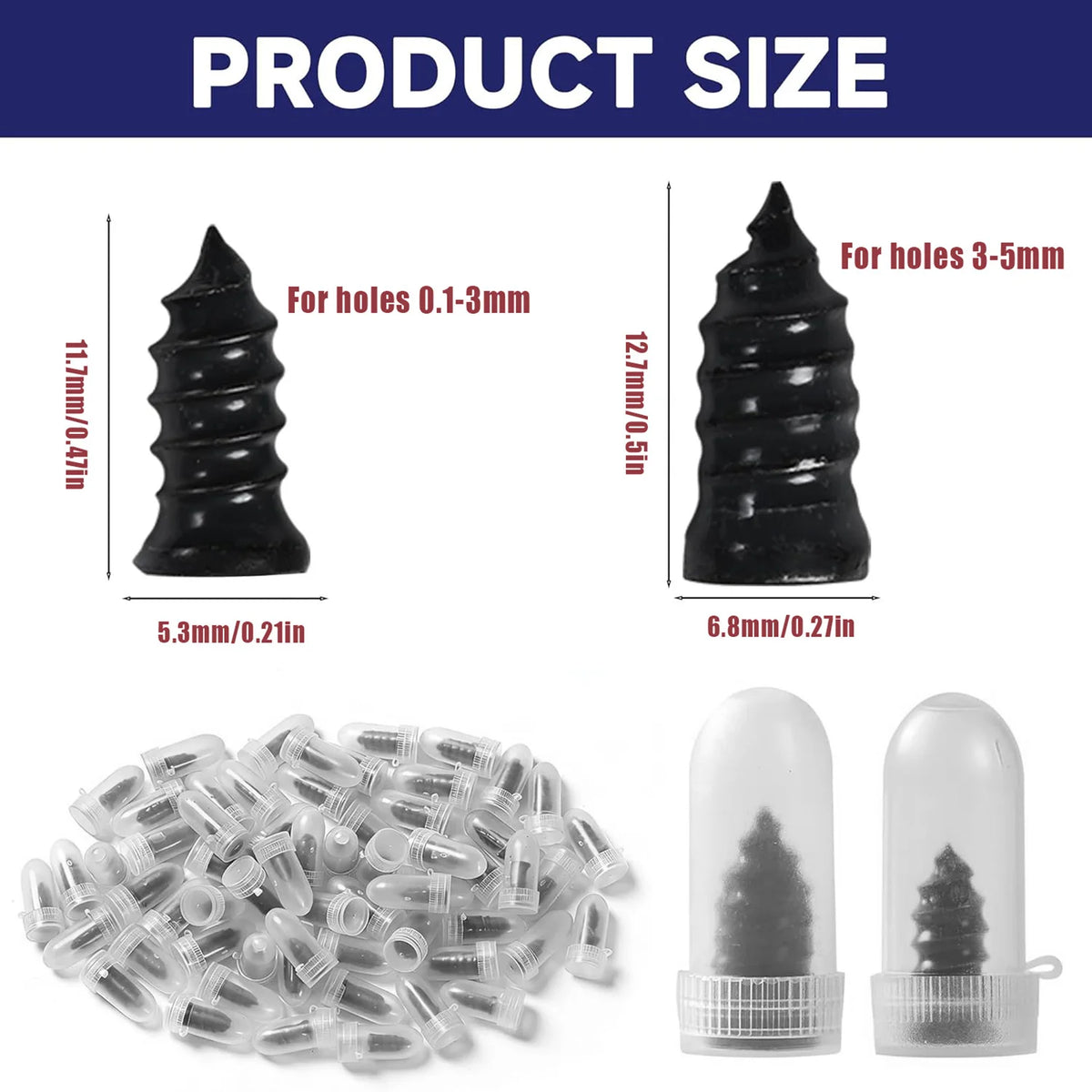 A collection of various sized, clear plastic tire repair plugs and a black conical tool for fixing punctures.