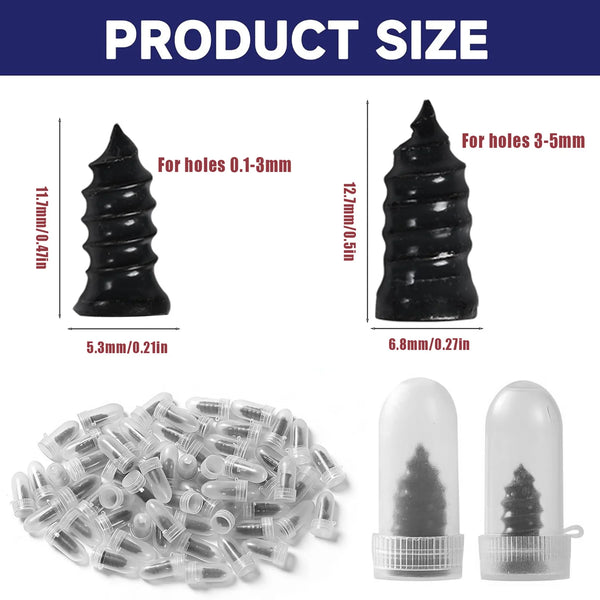 A collection of various sized, clear plastic tire repair plugs and a black conical tool for fixing punctures.