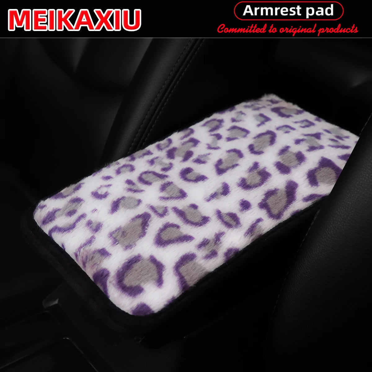 Leopard print plush car armrest cover placed on a black car seat.