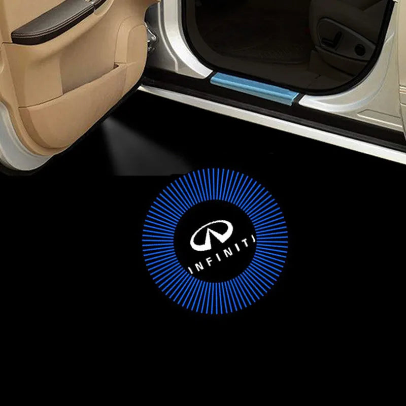 A close-up view of a car door interior with a light projector illuminating the interior space.