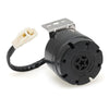 Black high-decibel backup horn with a white electrical connector and mounting bracket.