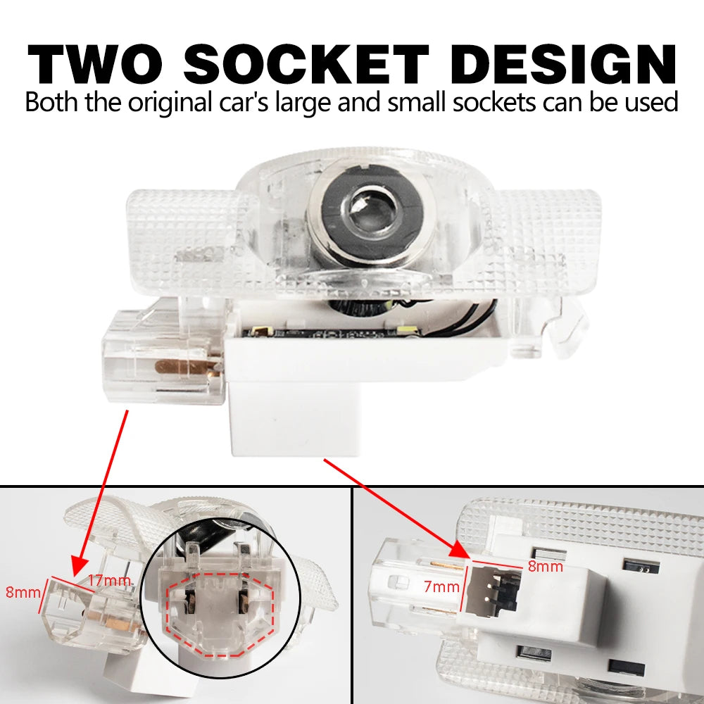 Two socket design LED car door welcome and warning lights for Lexus showing the large and small sockets.