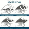 Four steps illustrating how to install a foldable car windshield sun shade.